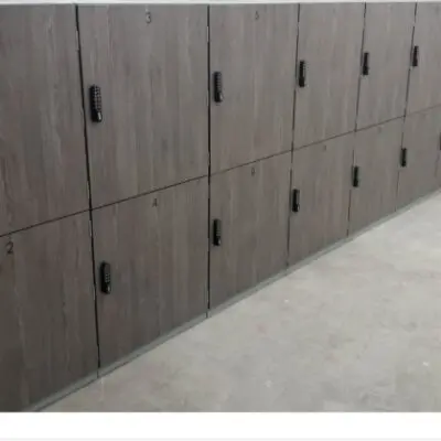 Folding bike lockers with laminate doors