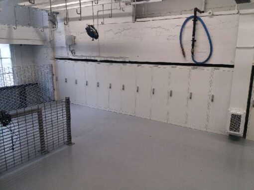 Folding bike lockers in a basement installed
